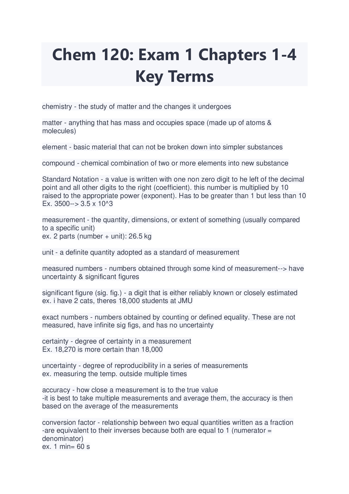 Preview image for Chem 120: Exam 1 Chapters 1-4 Key Terms Latest 2023 Update- Chamberlain College of Nursing